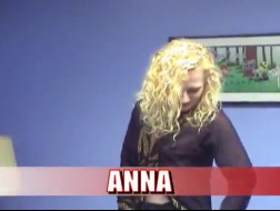 Blonde woman, Anna Natarou is playing with her hairy pussy and getting gangbanged during a job interview.