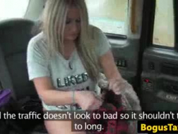 Hot blonde cabbie sucking on the passenger side of the car.