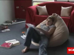 Hot blonde in red dress, Lauren Skye is masturbating in her living room with sex toys