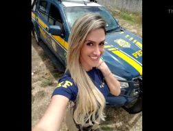 Slutty blonde police officer is secretly having sex with a bald guy in her uniform