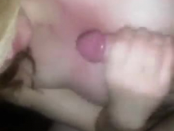 Slutty blonde is sucking a black, white guy's hard dick, and getting ready to ride it
