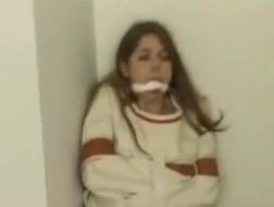 Gagged teen brunette is fucking her landlord in a reverse cowgirl position, until she cums