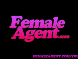 Beautiful brunette agent flashing her tits and pussylicking
