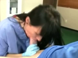nurse probes every spot on her patients sausage with her throat