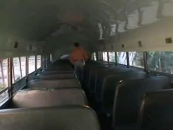 school female drilling in bus